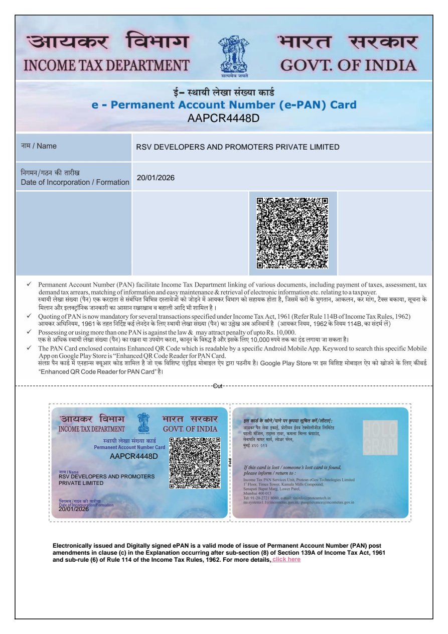 Company PAN Card - RSV Developers and Promoters