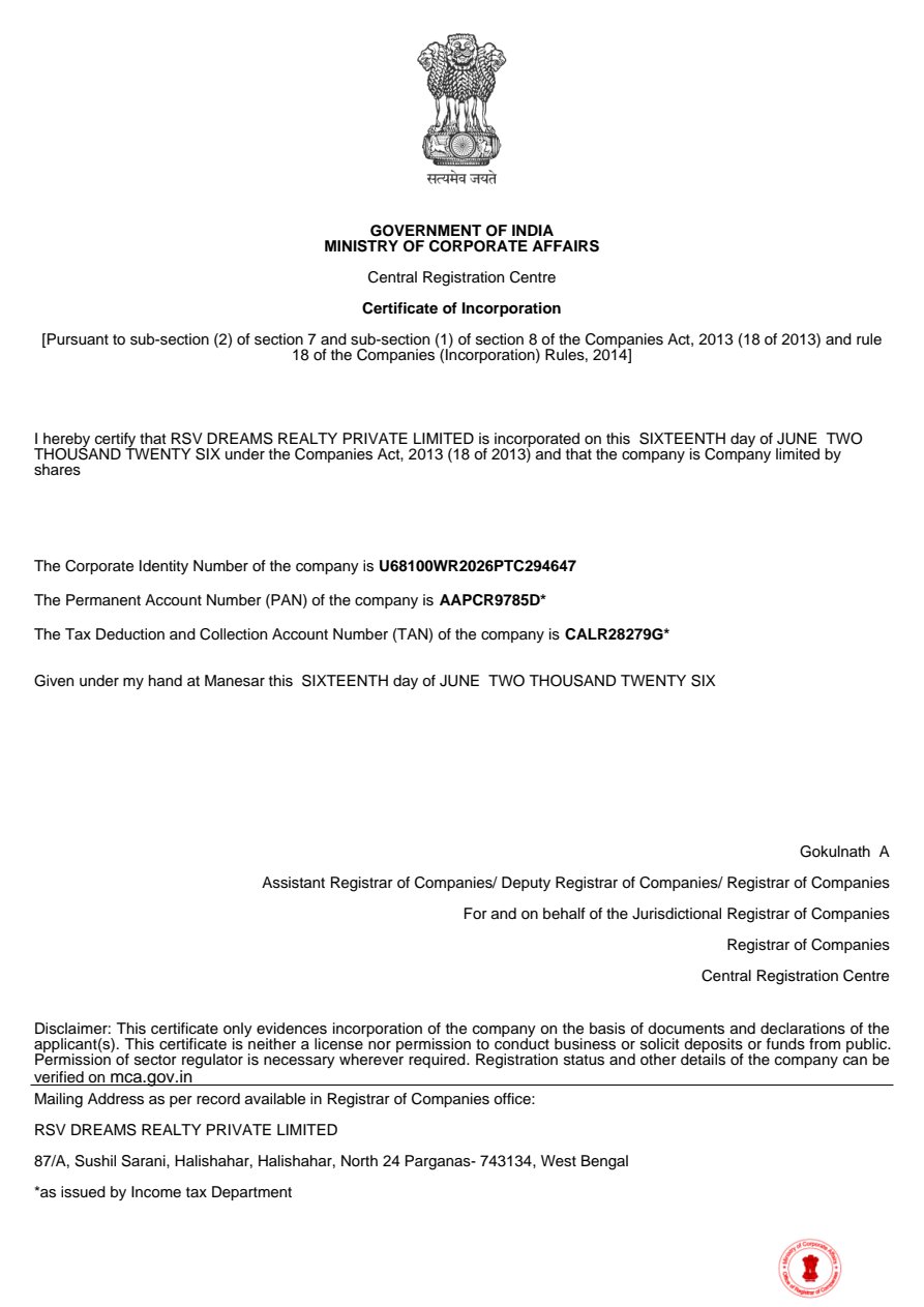 Certificate of Incorporation - RSV Dreams Realty