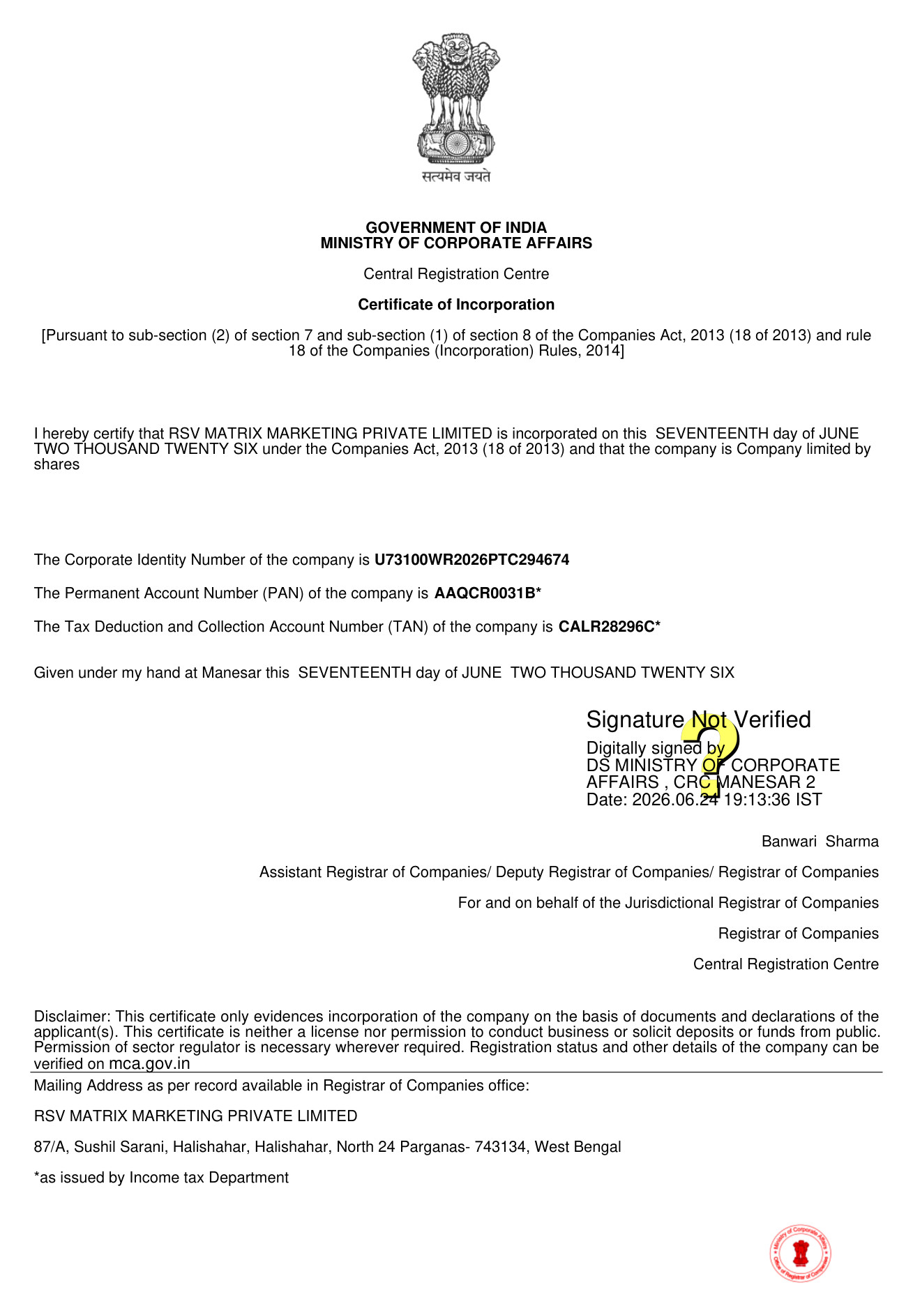Certificate of Incorporation - RSV Matrix Marketing